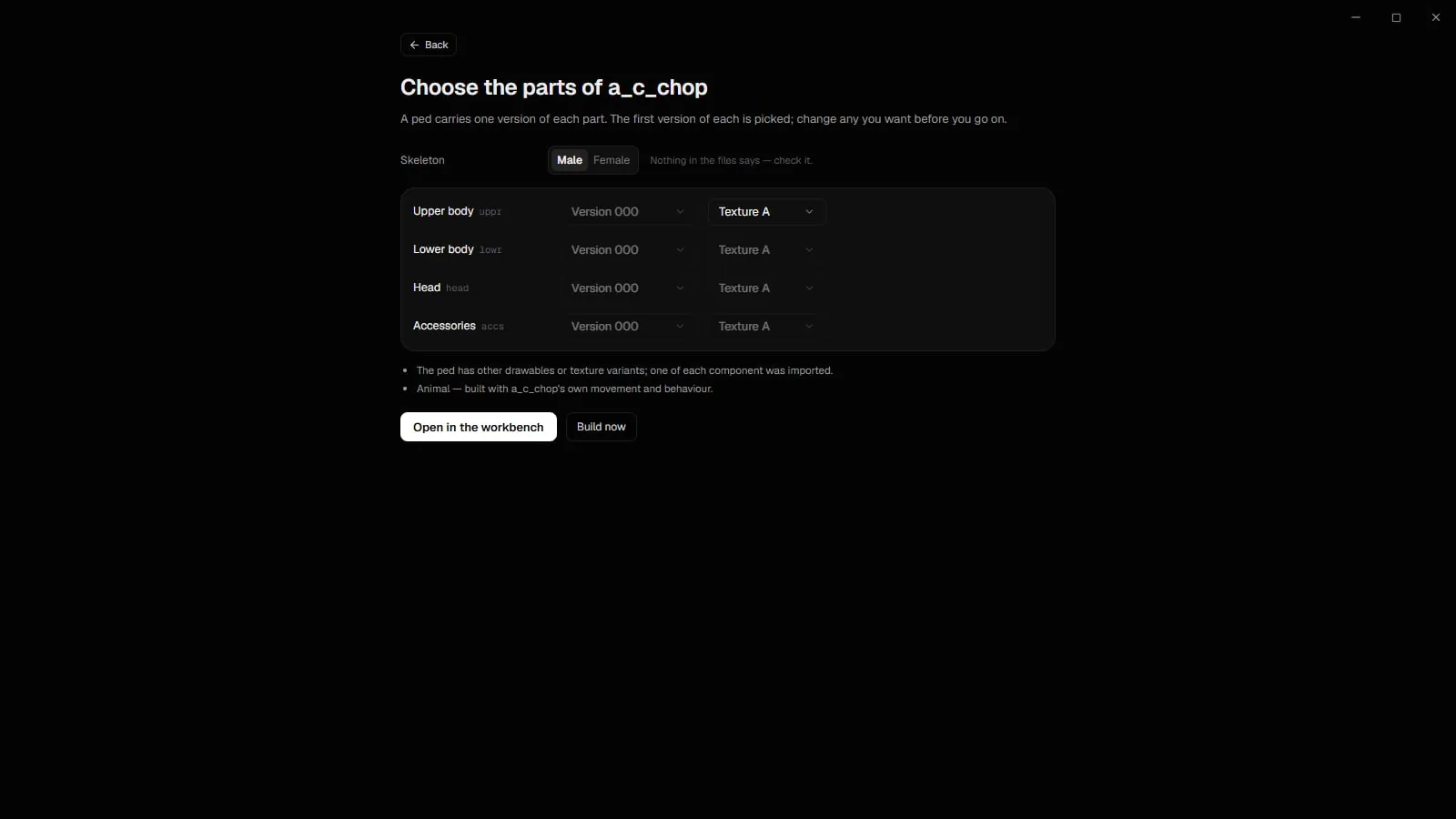 Choose the parts of an animal ped, listing its body, head and accessories components