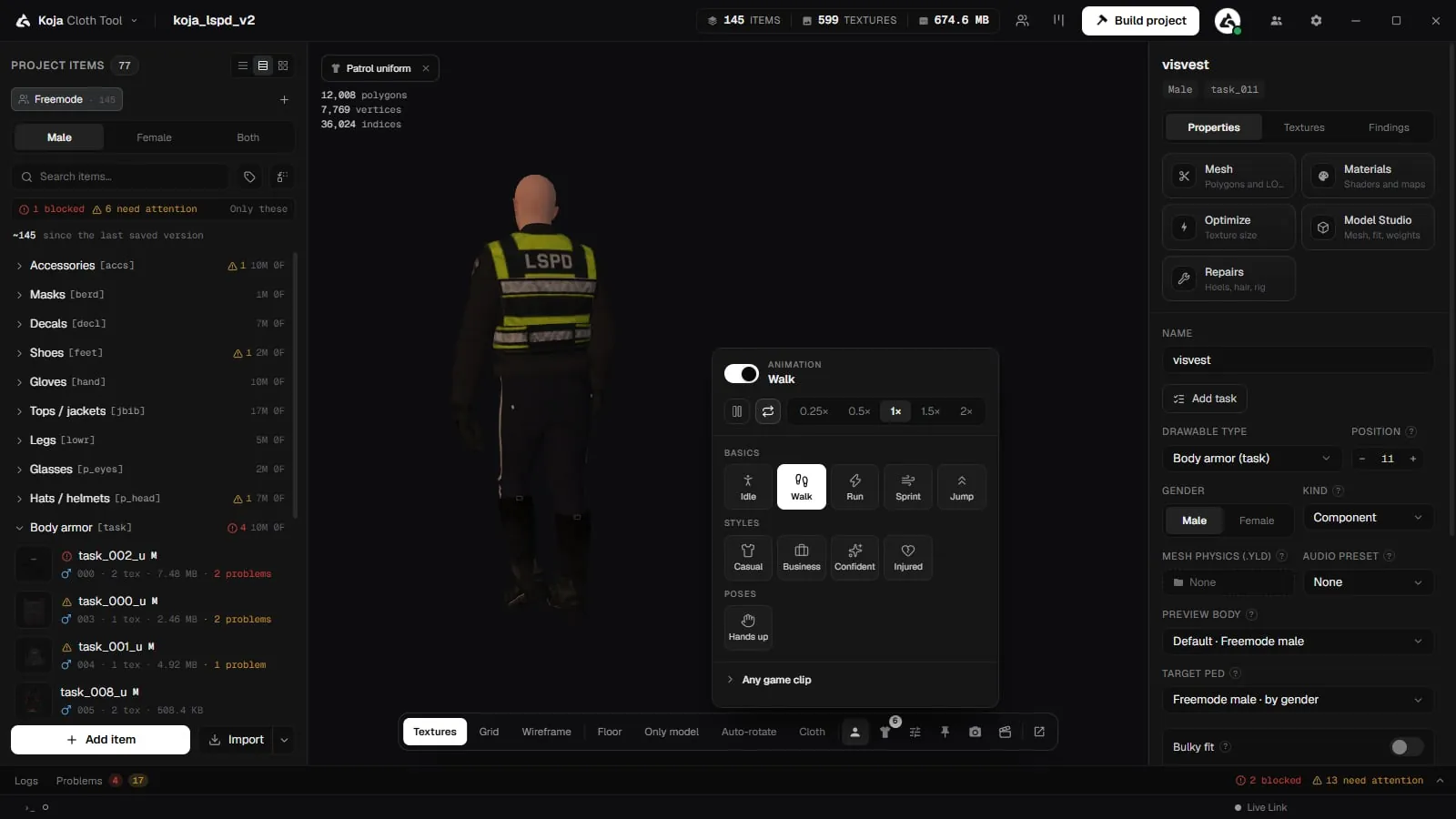 The animation panel over the 3D preview with the Walk move selected and the speed buttons above the move presets