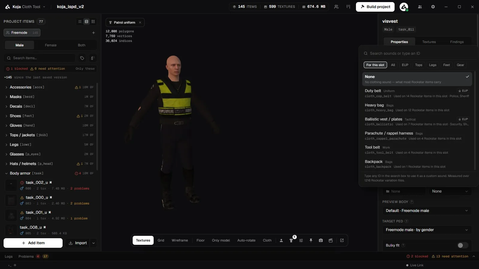 The audio preset picker with a search box, slot filters and clothing sounds with their usage