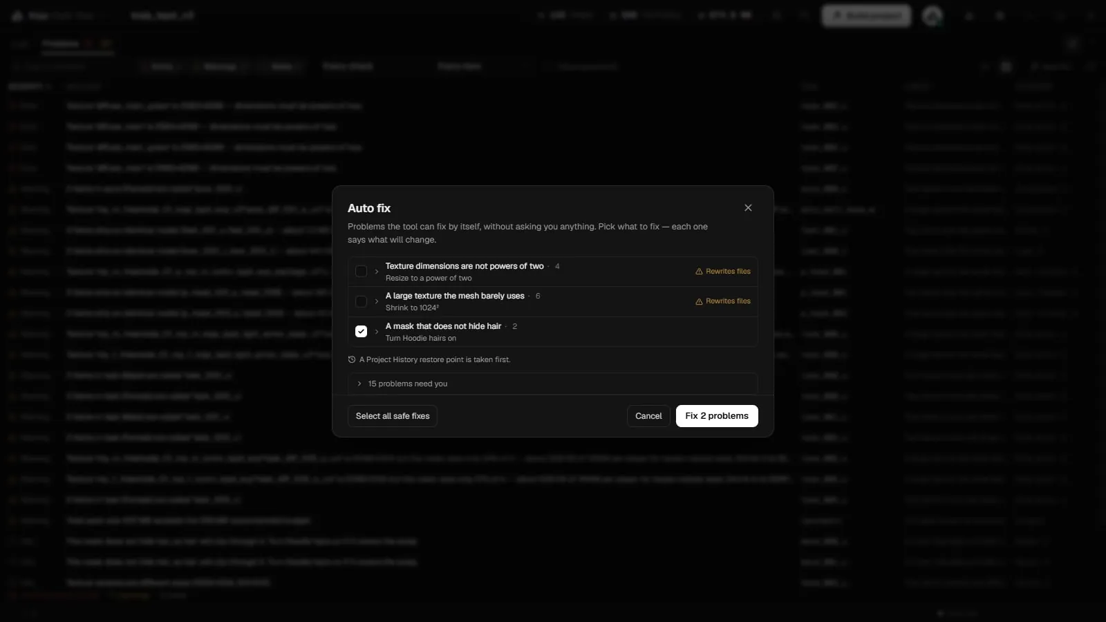The Auto fix window listing problems the tool can fix with a tick box and count for each, and the Fix button