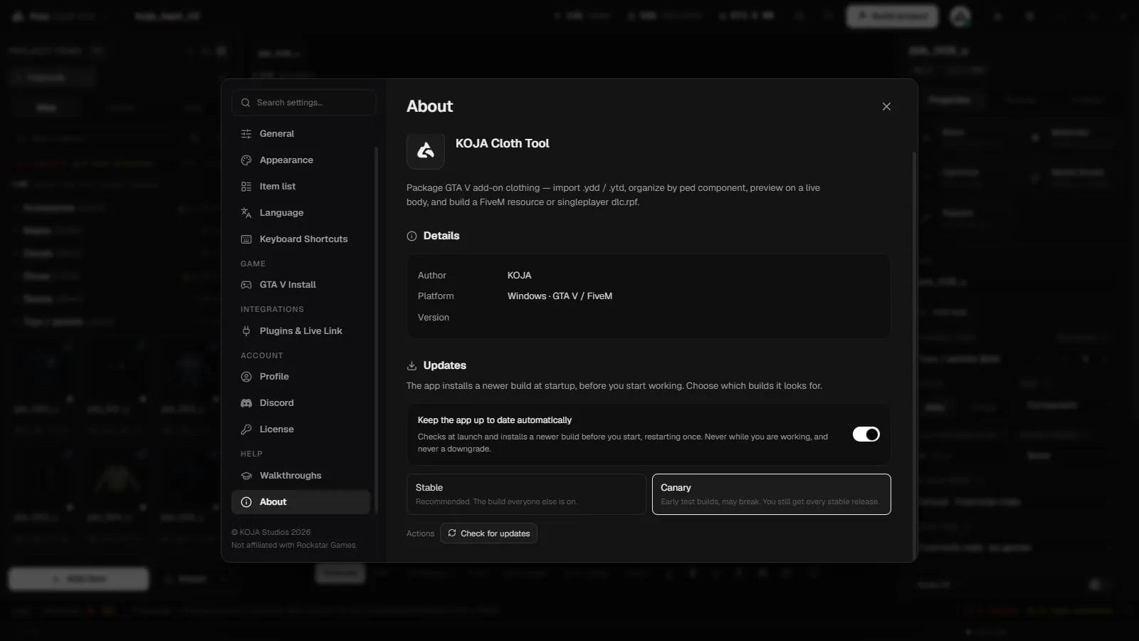 Settings, About page, with Keep the app up to date automatically and the Stable and Canary channels