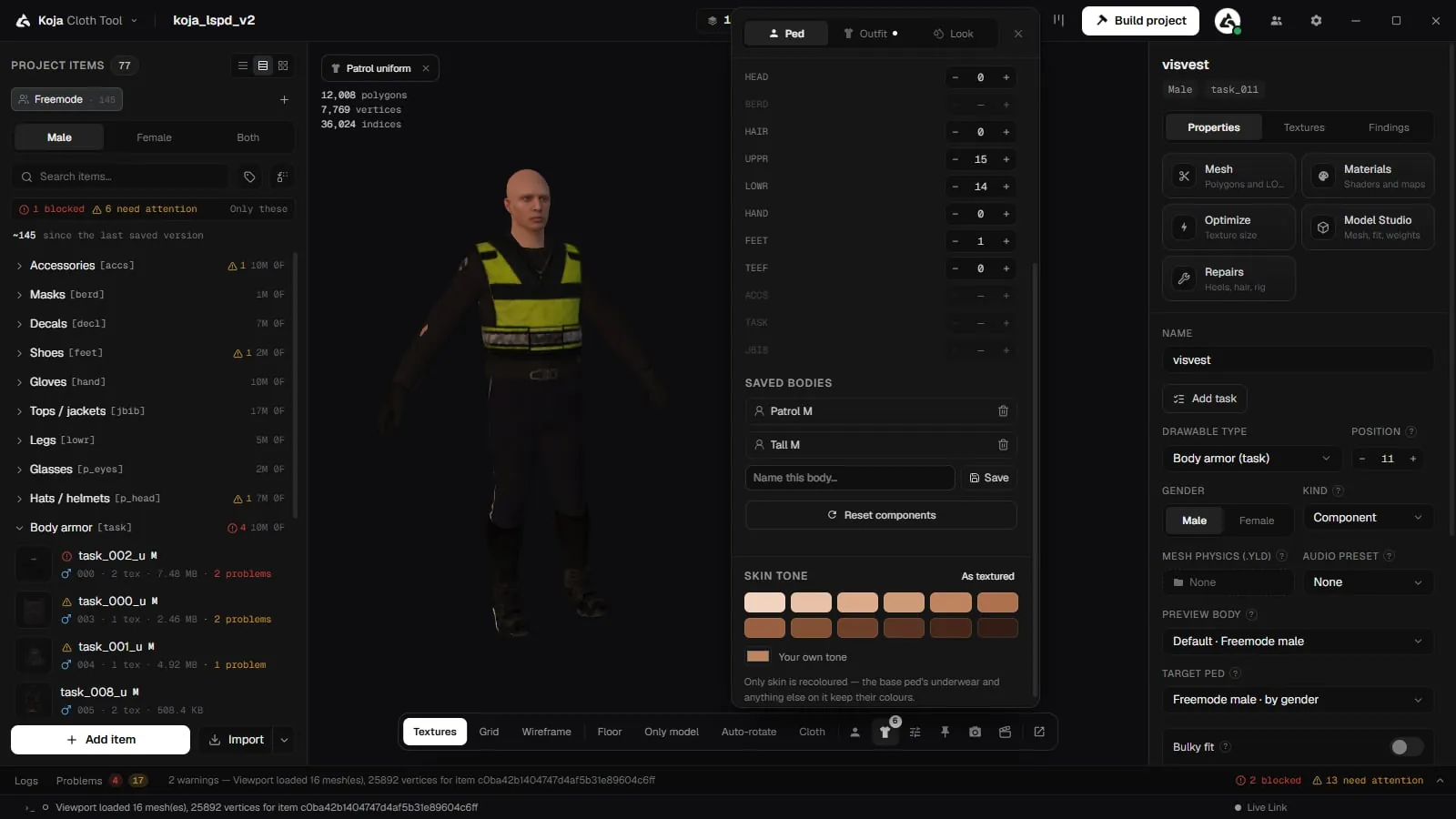 The Appearance menu on the Ped tab with body sliders, the Saved bodies list and the Skin tone swatches