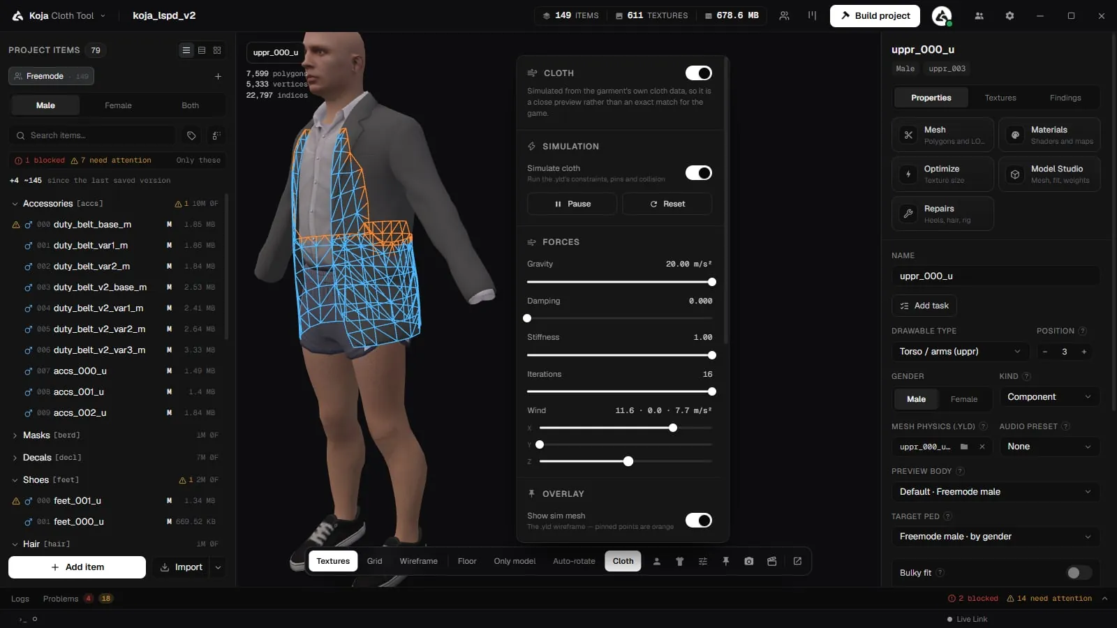 A jacket with cloth simulated on the ped, the simulation sheet drawn as a blue overlay, and the cloth panel with simulation and forces settings