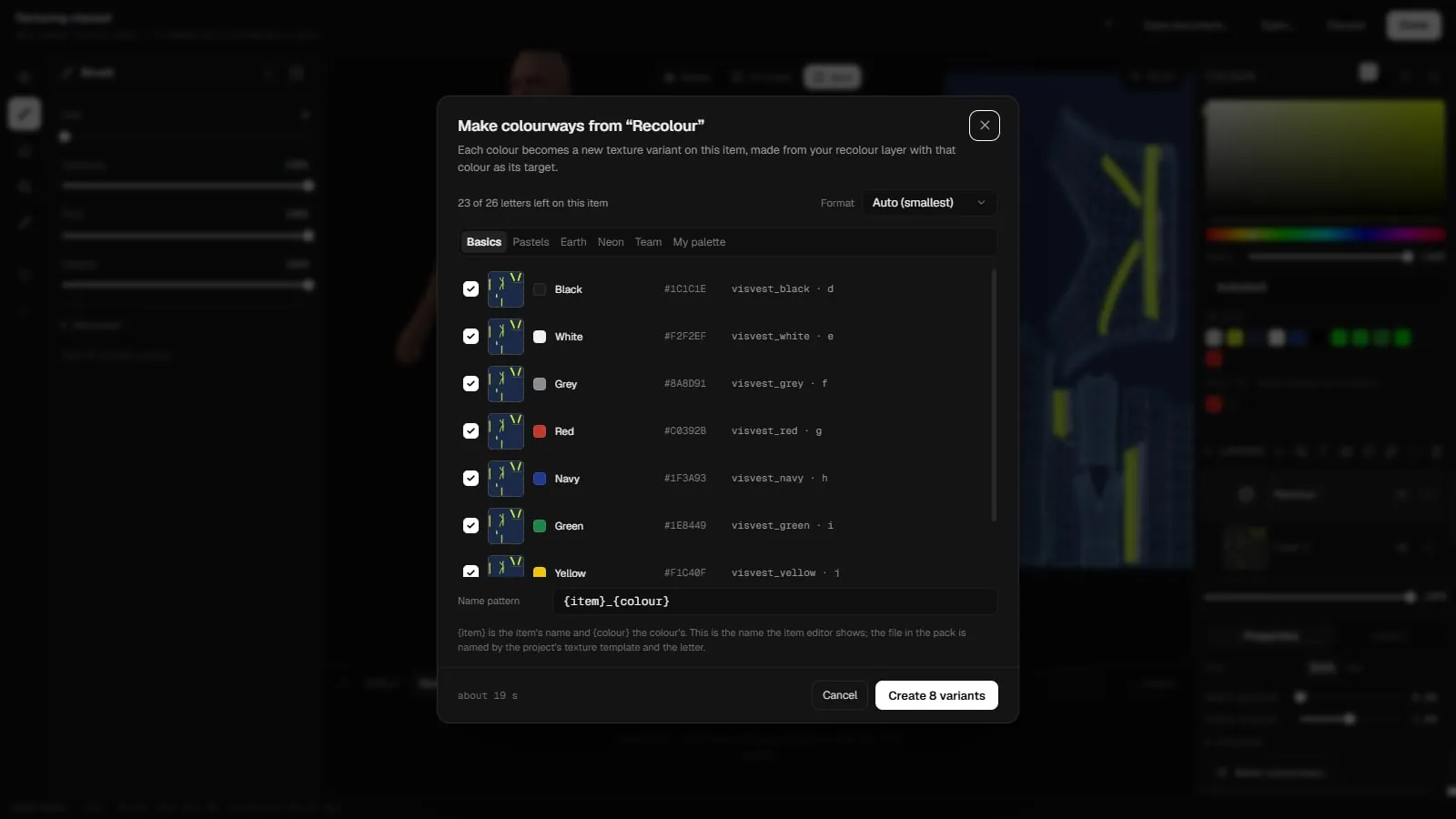 The Make colourways window listing colours with their texture names, the name pattern and the Create variants button