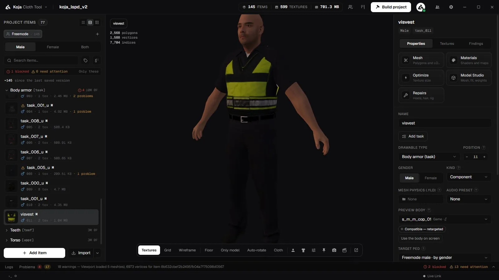 A freemode garment previewed on a library ped in the 3D preview, with the preview body set to that ped