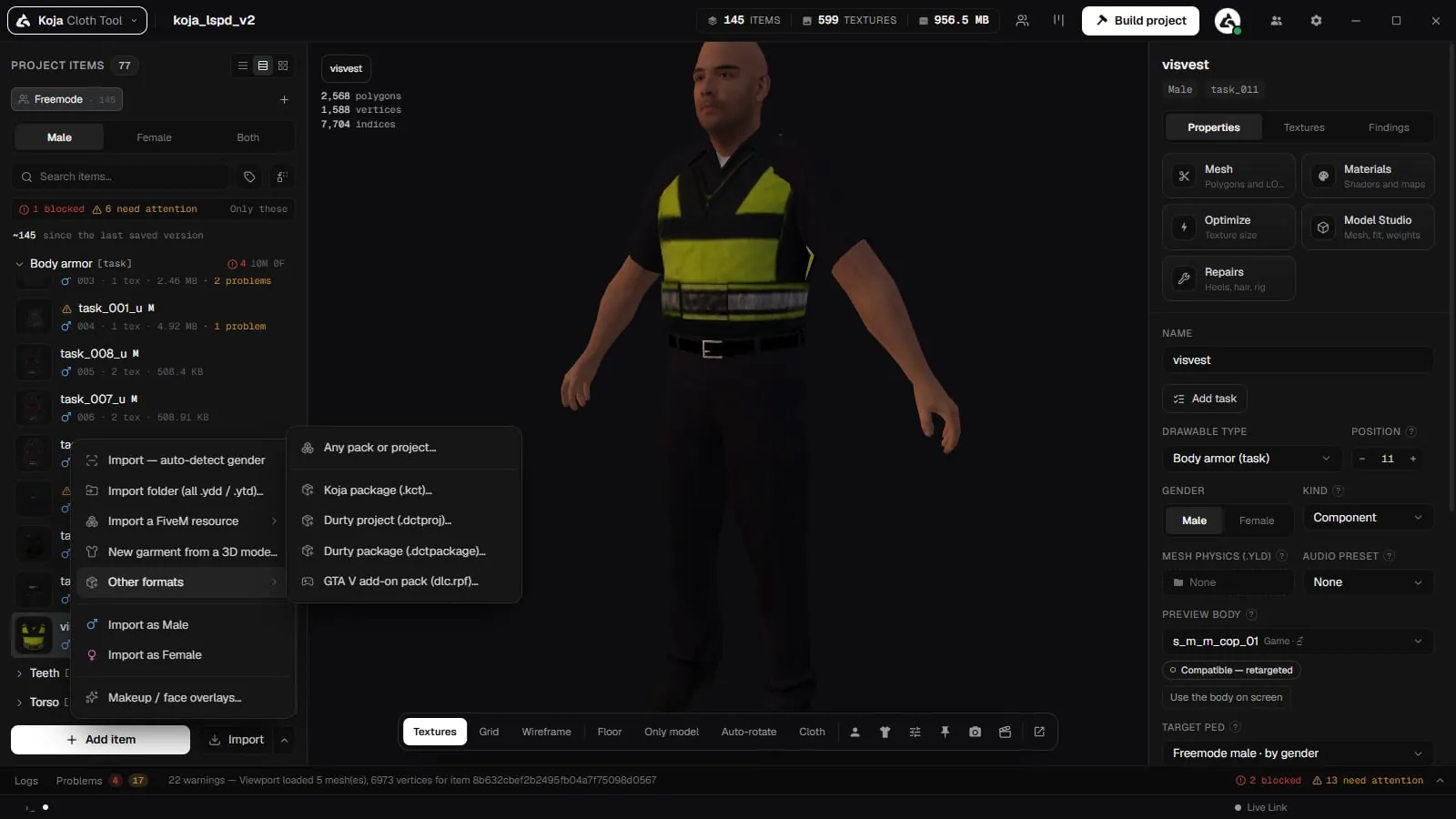 The Import menu's Other formats list with Koja package, Durty project, Durty package and GTA V add-on pack