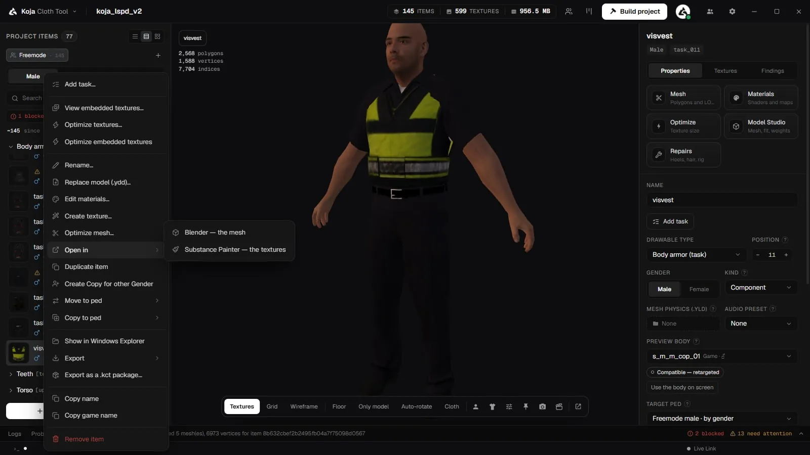 An item's right-click menu with Open in showing Blender for the mesh and Substance Painter for the textures
