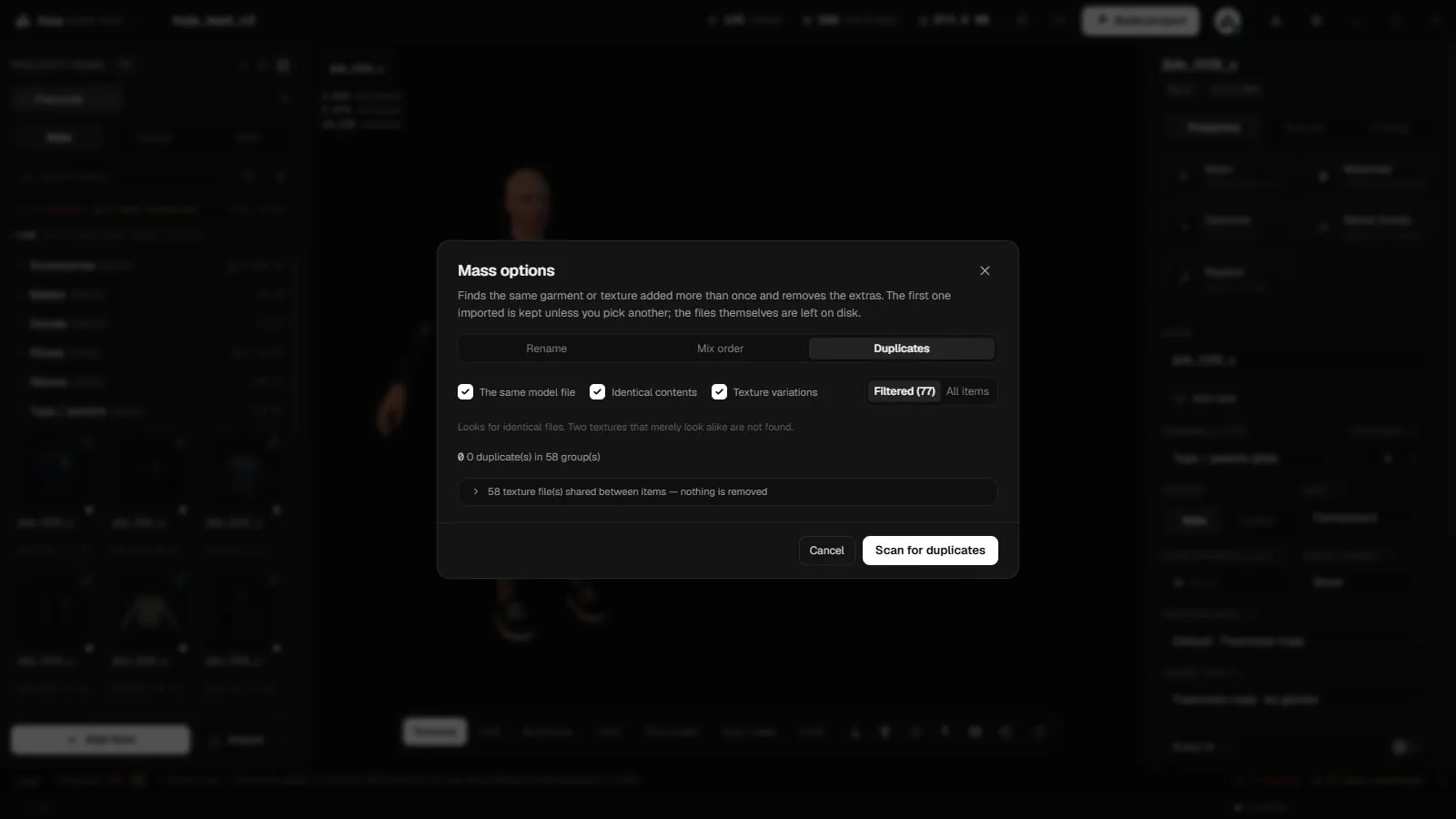 The Duplicates tab of Mass options with the same model, identical contents and texture variations options and the Scan for duplicates button