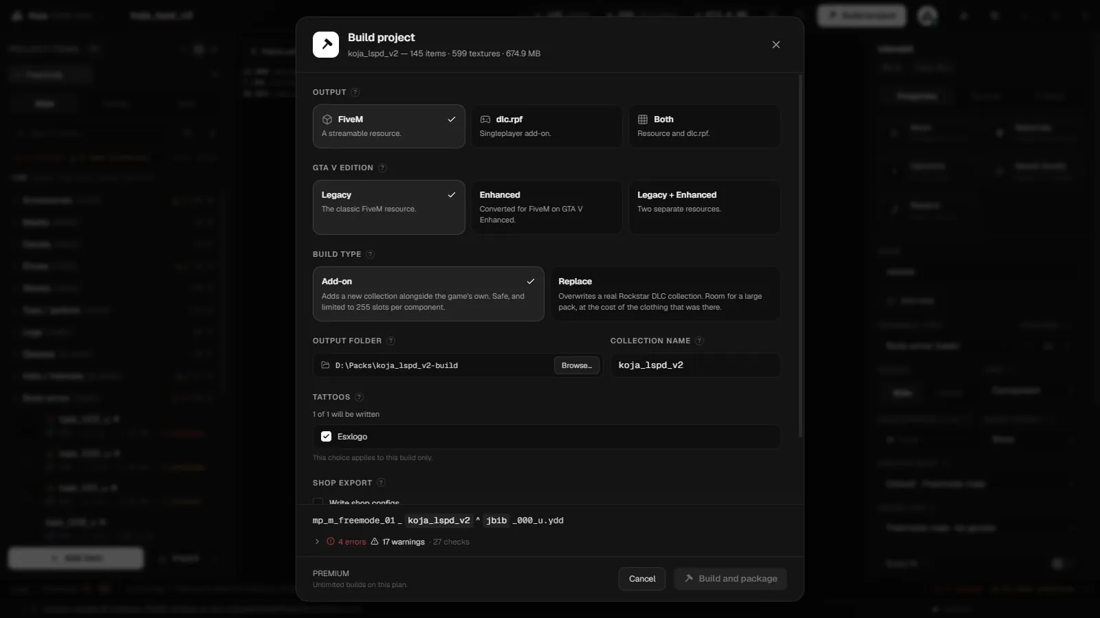 The Build project window with Output, GTA V edition, Build type, Output folder, Collection name, Tattoos and Shop export
