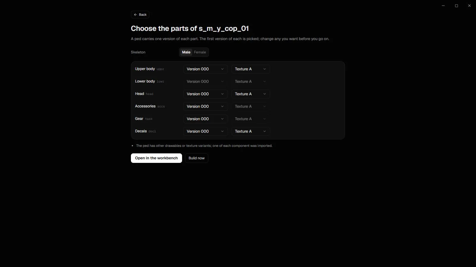 Choose the parts of a game ped, with a version and texture picked for each component