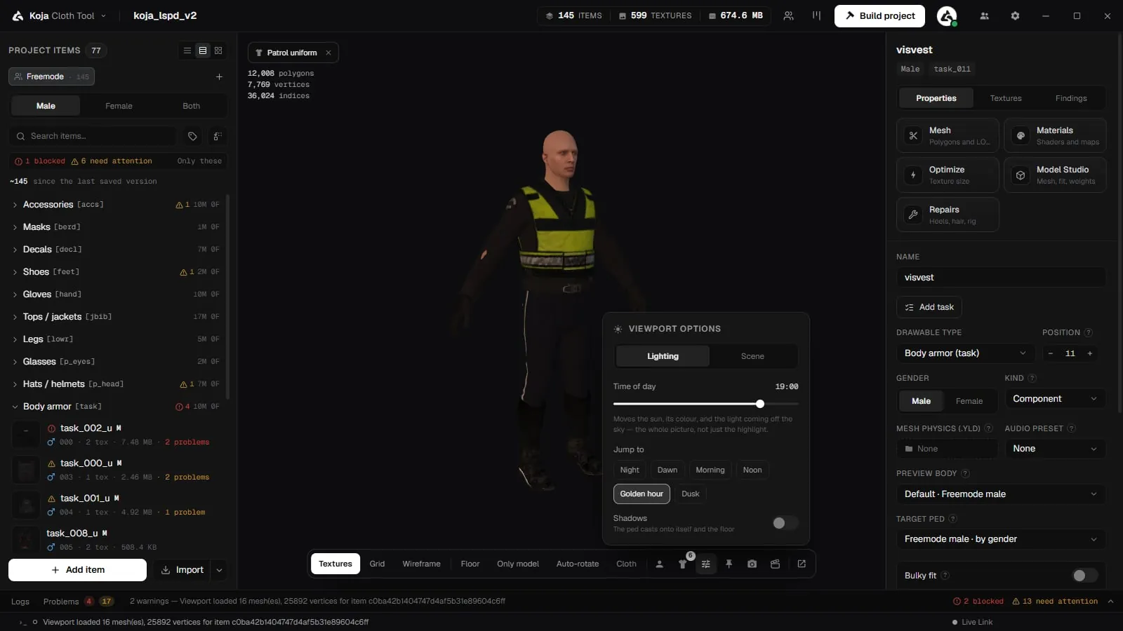 Viewport options on the Lighting tab with the time-of-day slider, Jump to presets and the Shadows switch