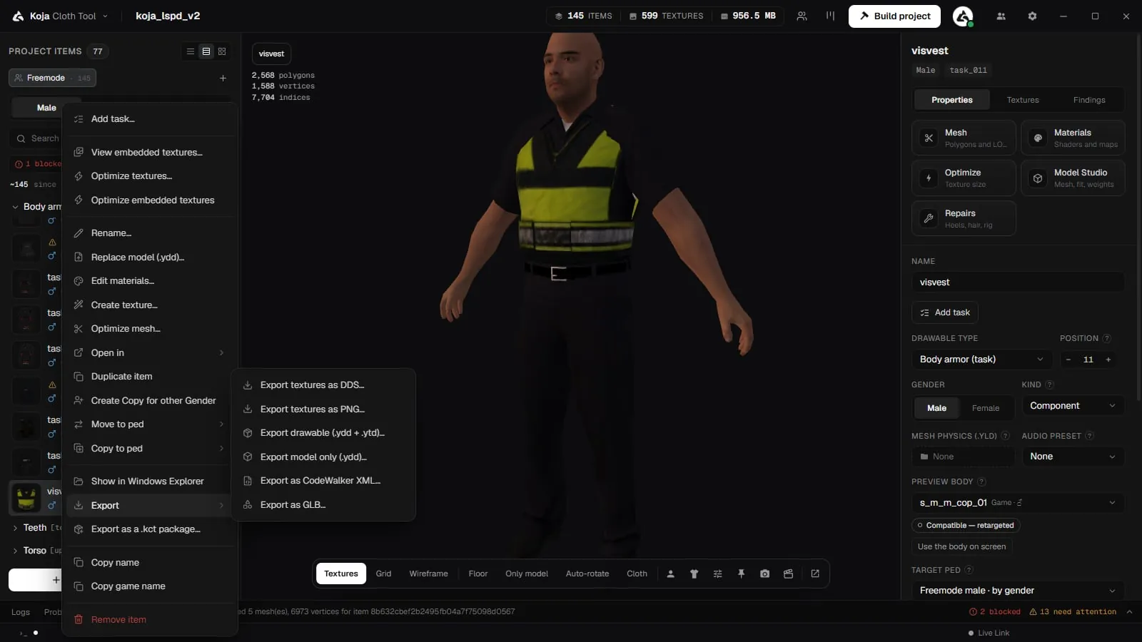 An item's right-click menu with the Export submenu: textures as DDS or PNG, drawable, model only, CodeWalker XML and GLB