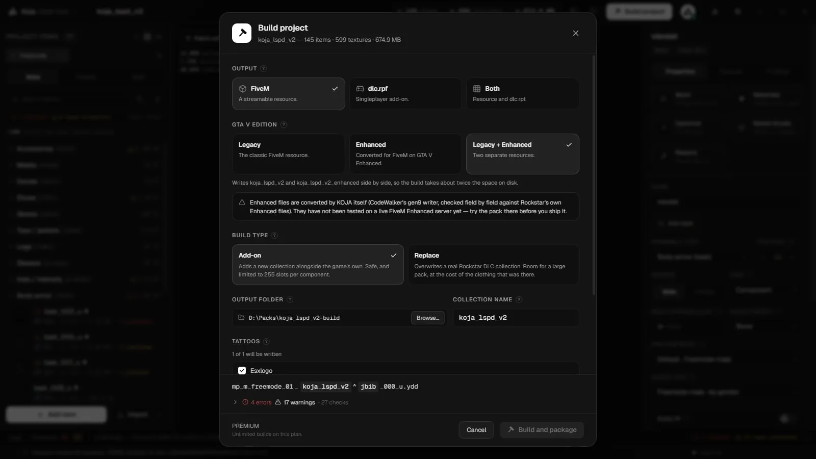The Build project window with Legacy + Enhanced selected under GTA V edition