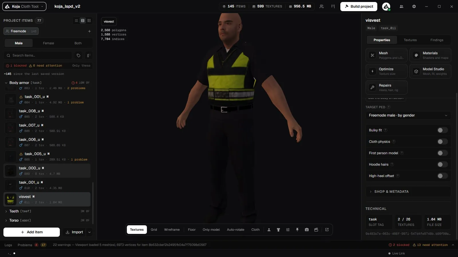 The item editor with the Hoodie hairs and High-heel offset switches