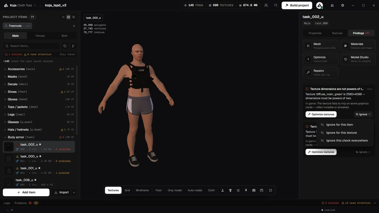 The Ignore menu on a finding with Ignore for this item, Ignore for this texture and Ignore this check everywhere