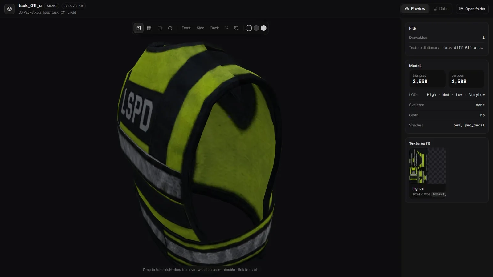 The Inspect window showing a body armour model in 3D, with its file facts, model data and texture thumbnails on the right