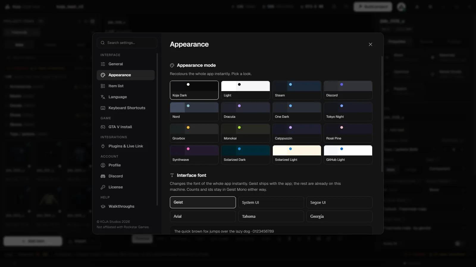 Settings, Appearance page, with the colour theme grid and the interface font choices