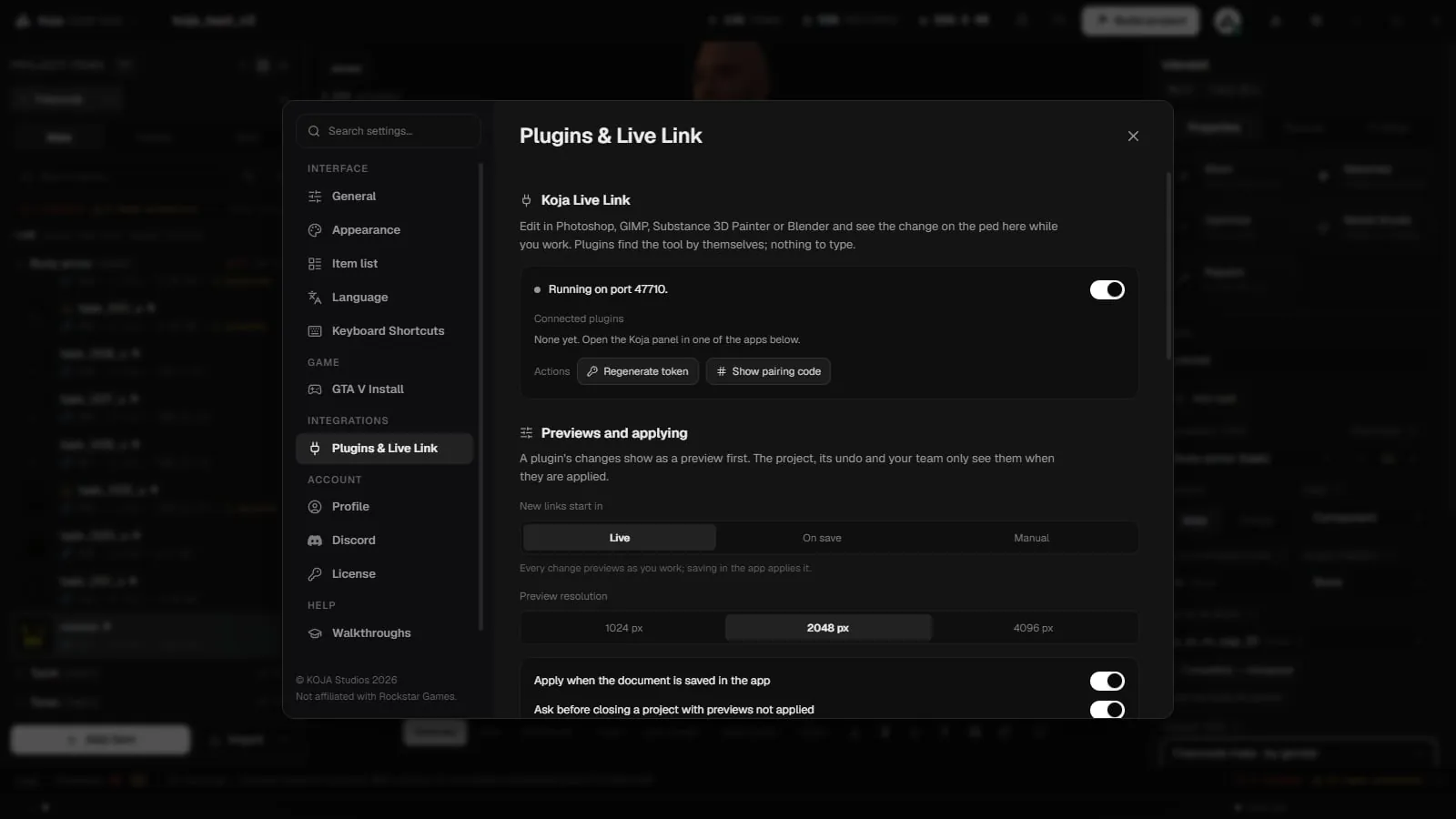 Settings, Plugins & Live Link, with Koja Live Link running and the Previews and applying options