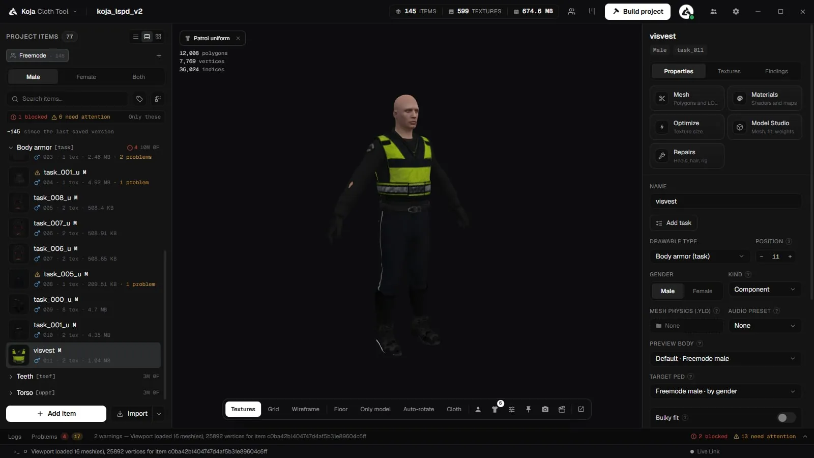 A body armour garment shown on the male freemode ped in the 3D preview, with the viewport bar below it