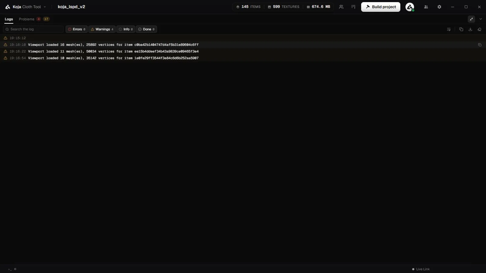 The Logs tab with level filters and live log lines