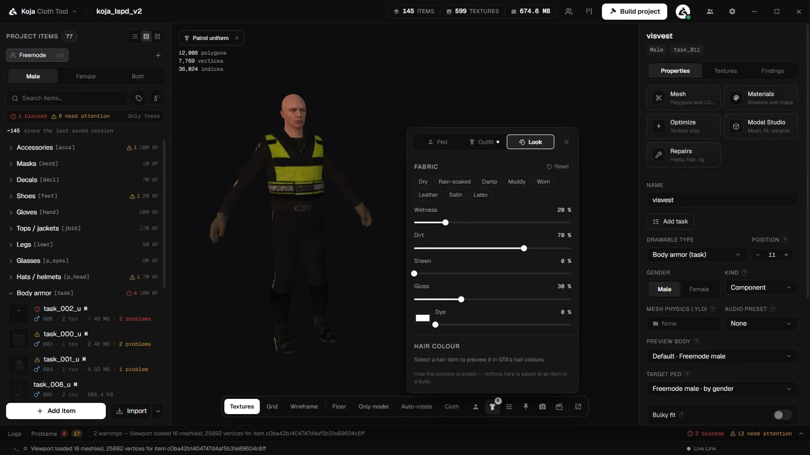 The Appearance menu on the Look tab with fabric presets and the Wetness, Dirt, Wear and Gloss sliders