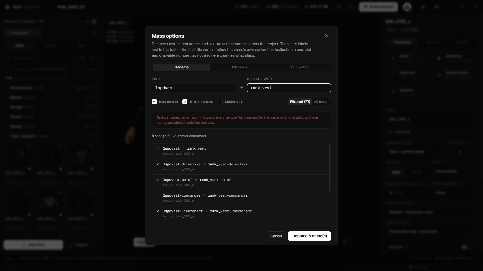 The Rename tab of Mass options replacing text in item and texture names, with the list of changes before applying