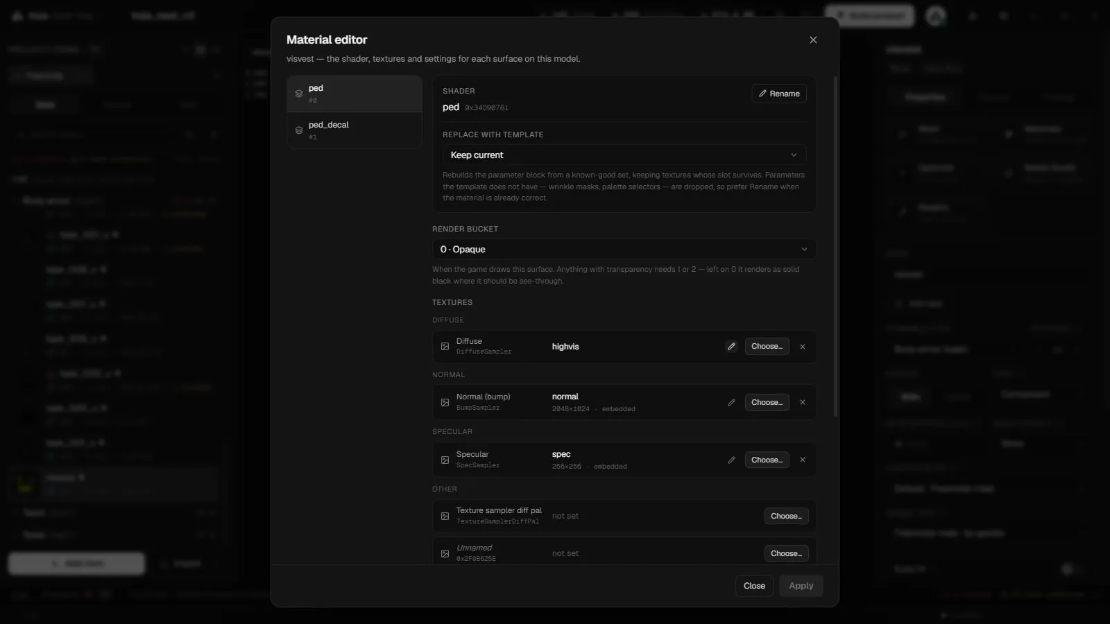 The Material editor with a material's shader, Replace with template, render bucket and texture slots