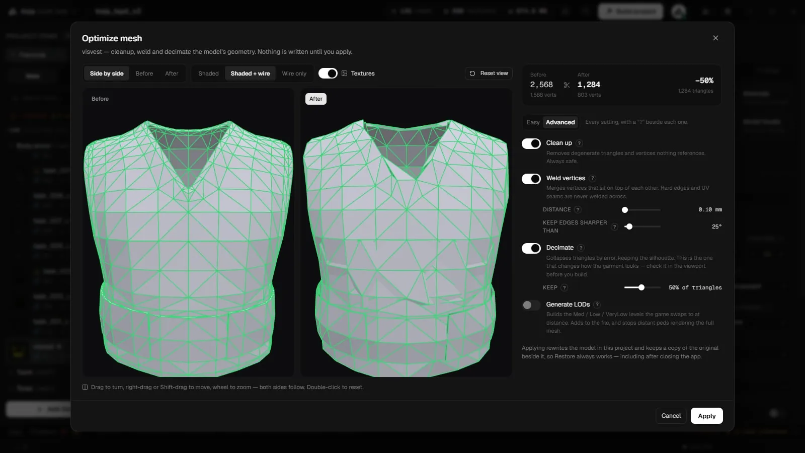 The Optimize mesh window showing a vest before and after side by side, with the triangle count halved and the clean up, weld and decimate settings
