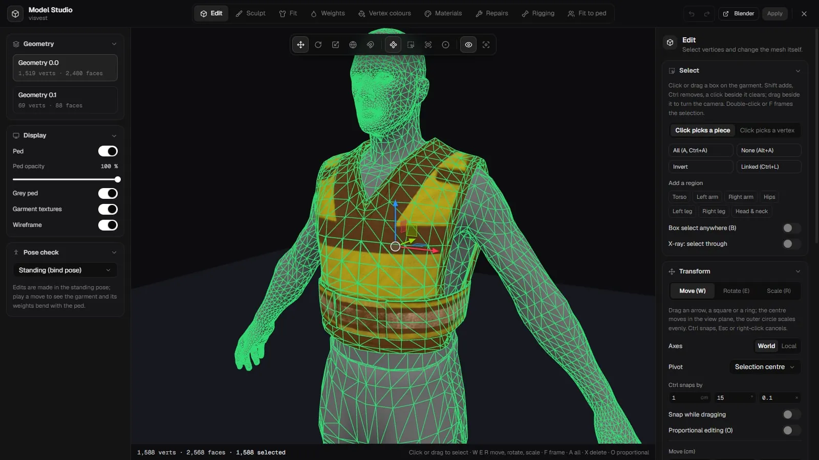 Model Studio in Edit mode with a garment's wireframe selected on the ped and the Select and Transform panels on the right