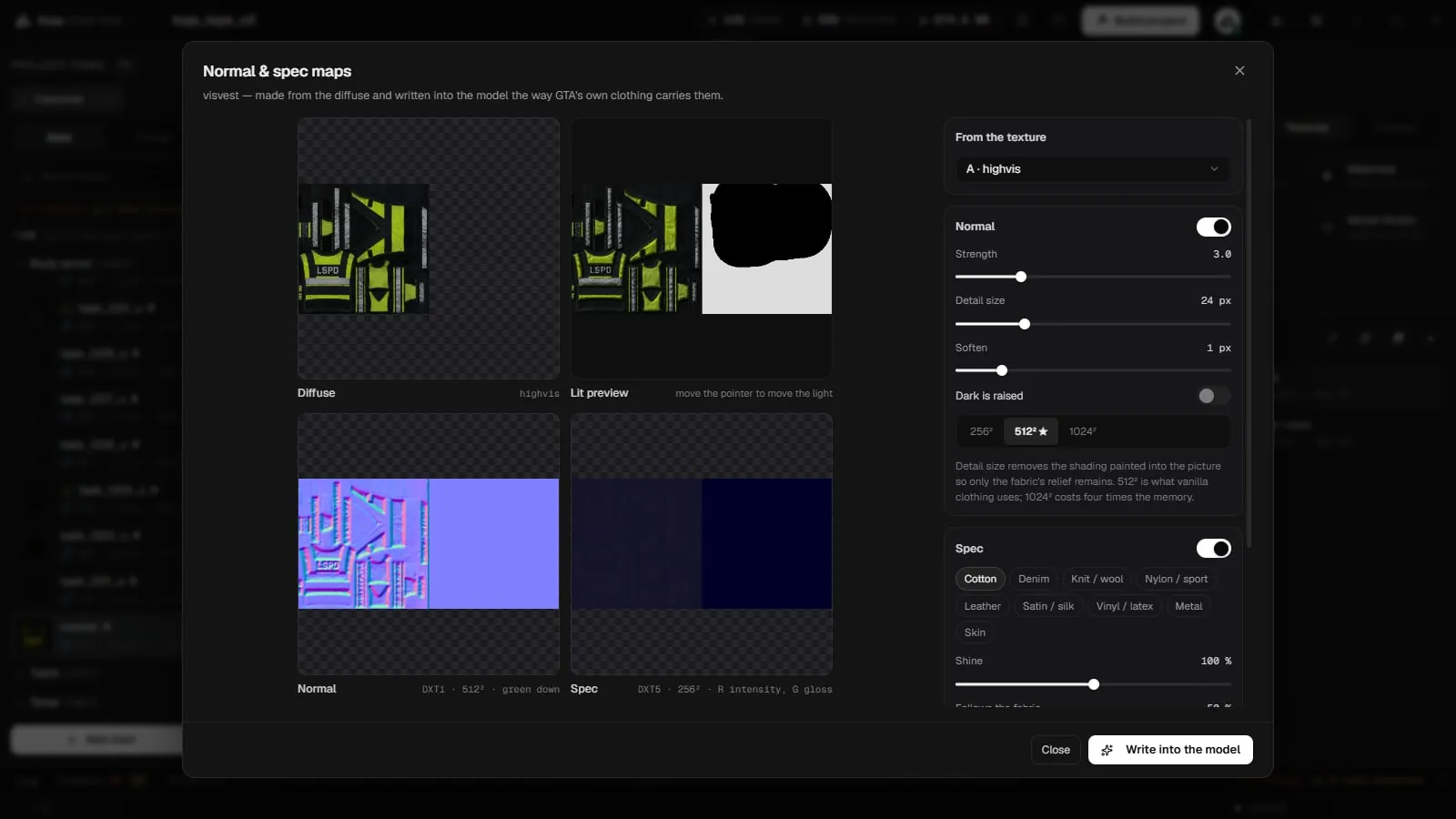 The Normal and spec maps window with the diffuse, lit preview, normal and spec previews and their settings