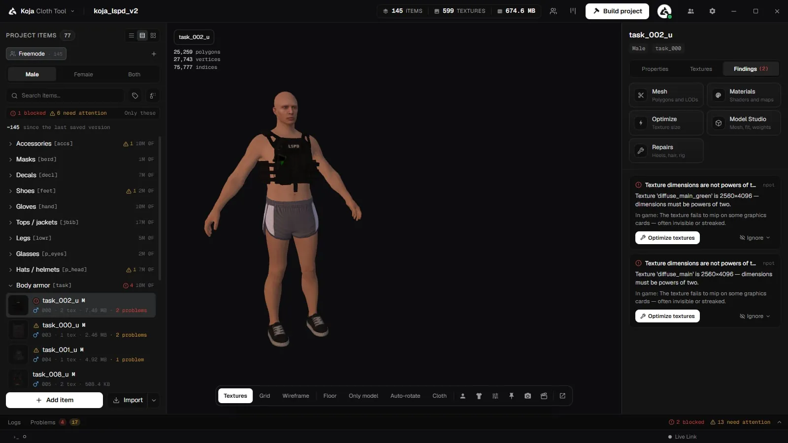 An item's Findings tab with two texture findings, what each means in game, and an Optimize textures fix button