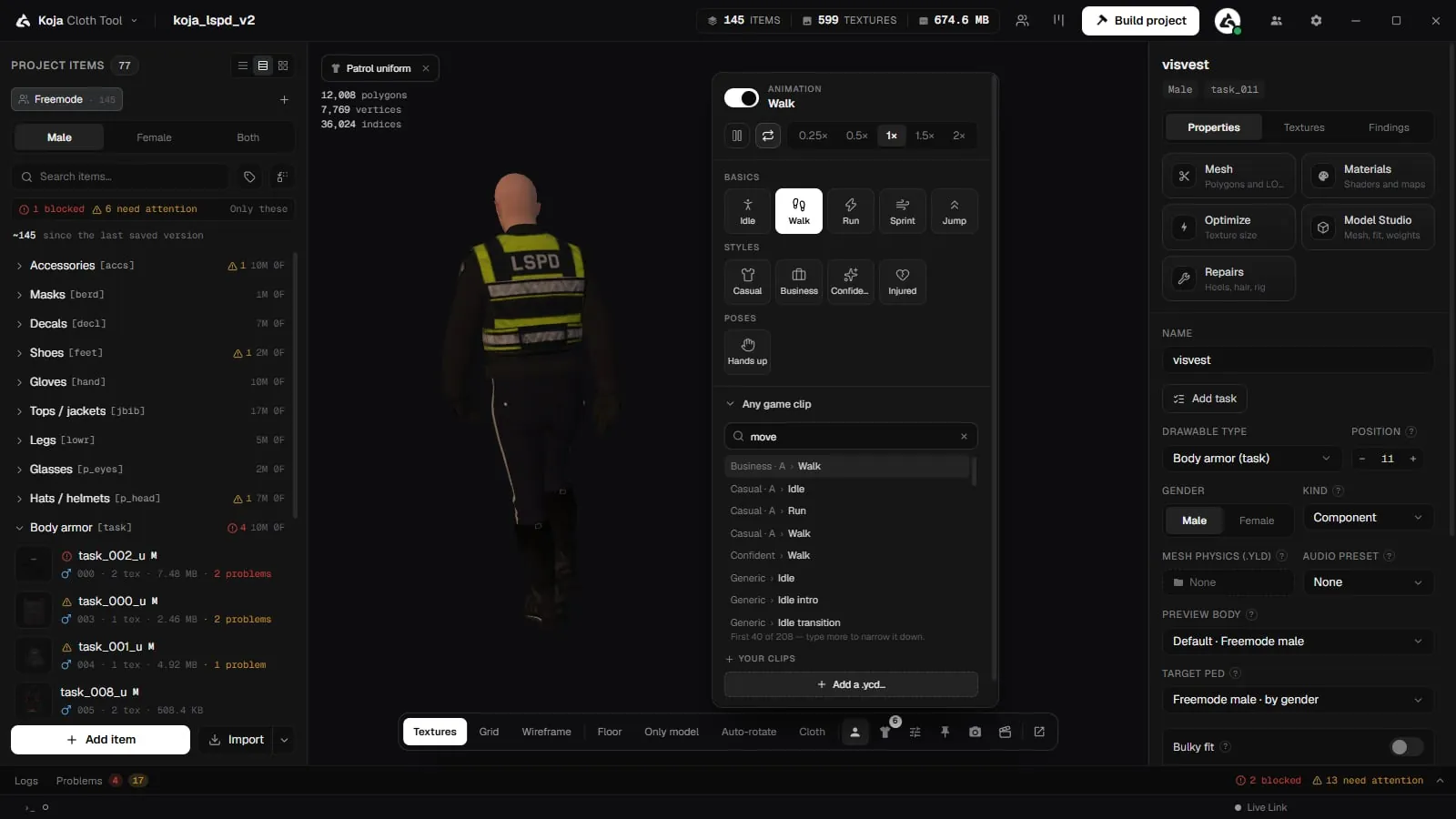 The animation panel with Any game clip open, searching the game's clip dictionaries for a move