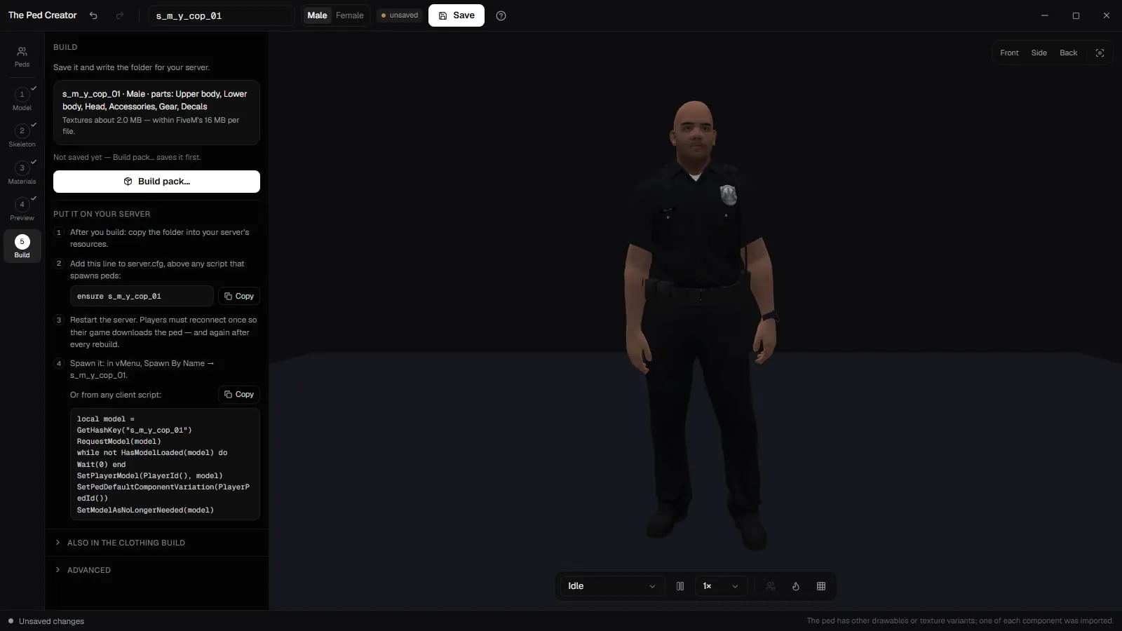 The Ped Creator's Build step with the Build pack button, the ensure line and a spawn script to copy
