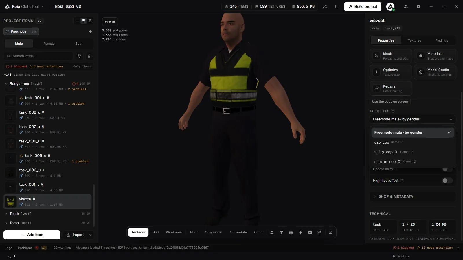 The Target ped list in the item editor with Freemode male by gender and the project's library peds