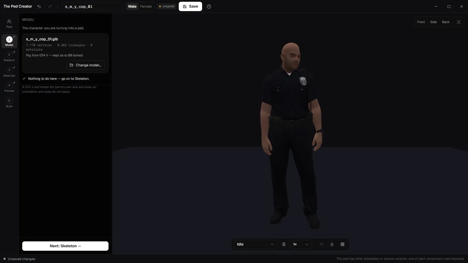 The Ped Creator on the Model step with the loaded model's facts and the ped standing in the preview