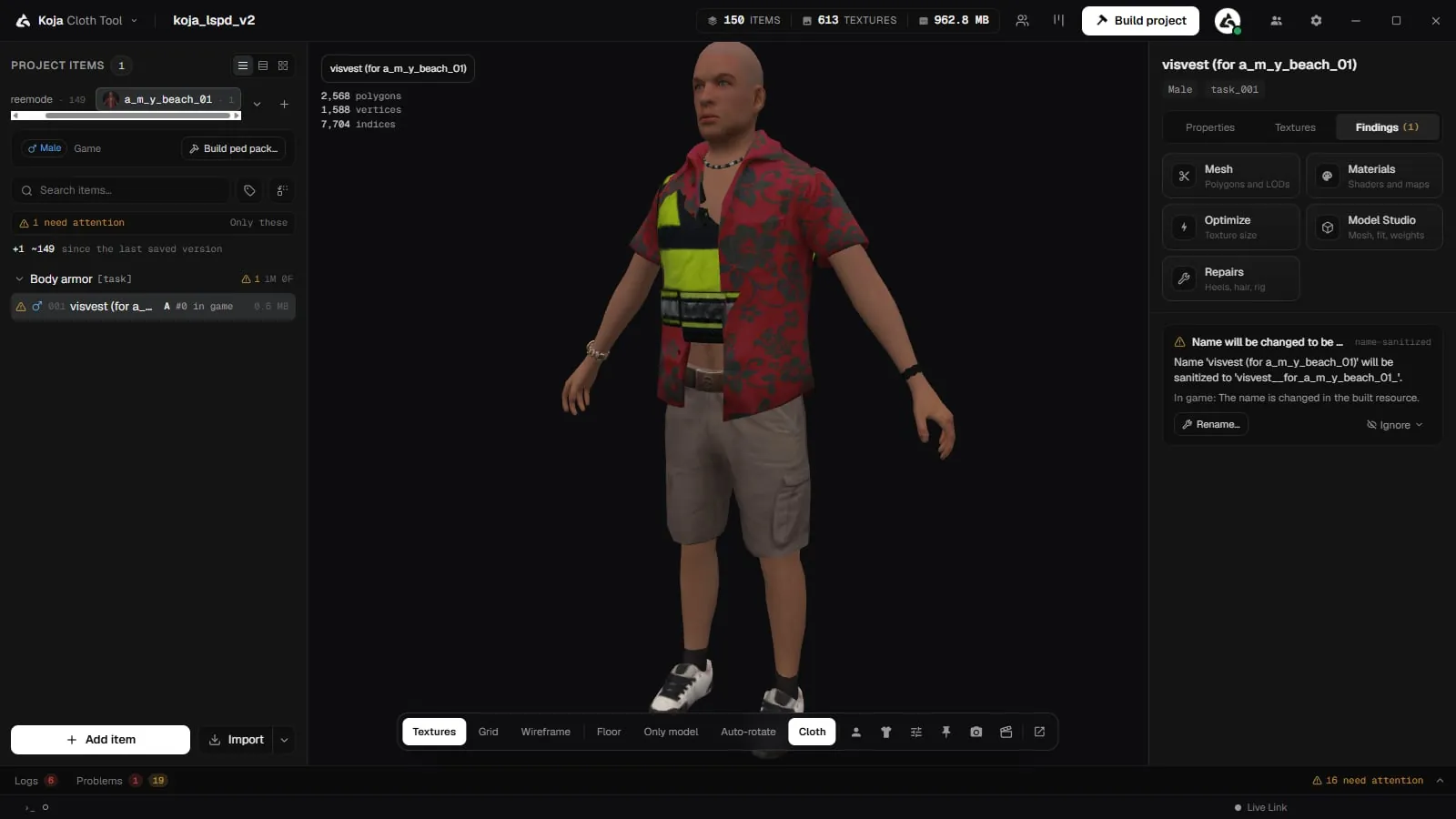 The item list with a ped tab selected, showing that ped's clothes and the Build ped pack button