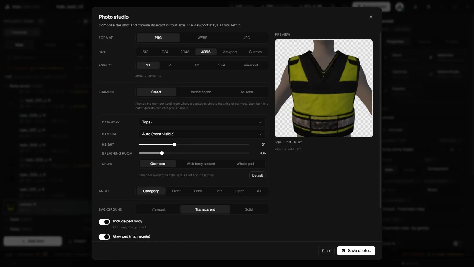 The Photo studio window with format, size, aspect, framing, camera and background options and a preview of the garment on a transparent background
