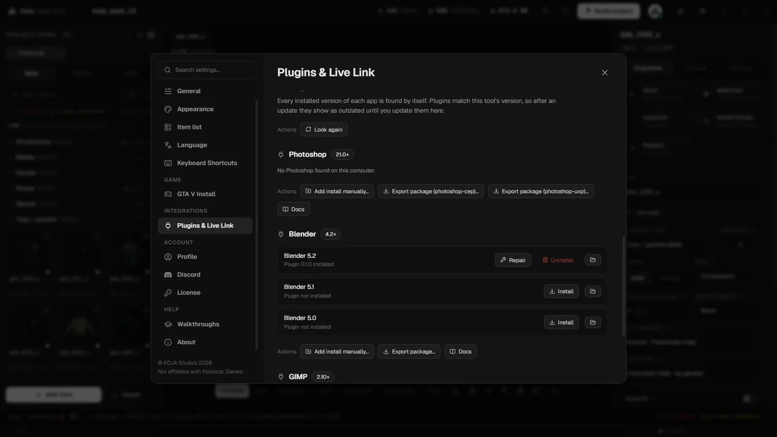 Settings, Plugins & Live Link, listing Photoshop, Blender and GIMP with each version's install, repair and export package actions
