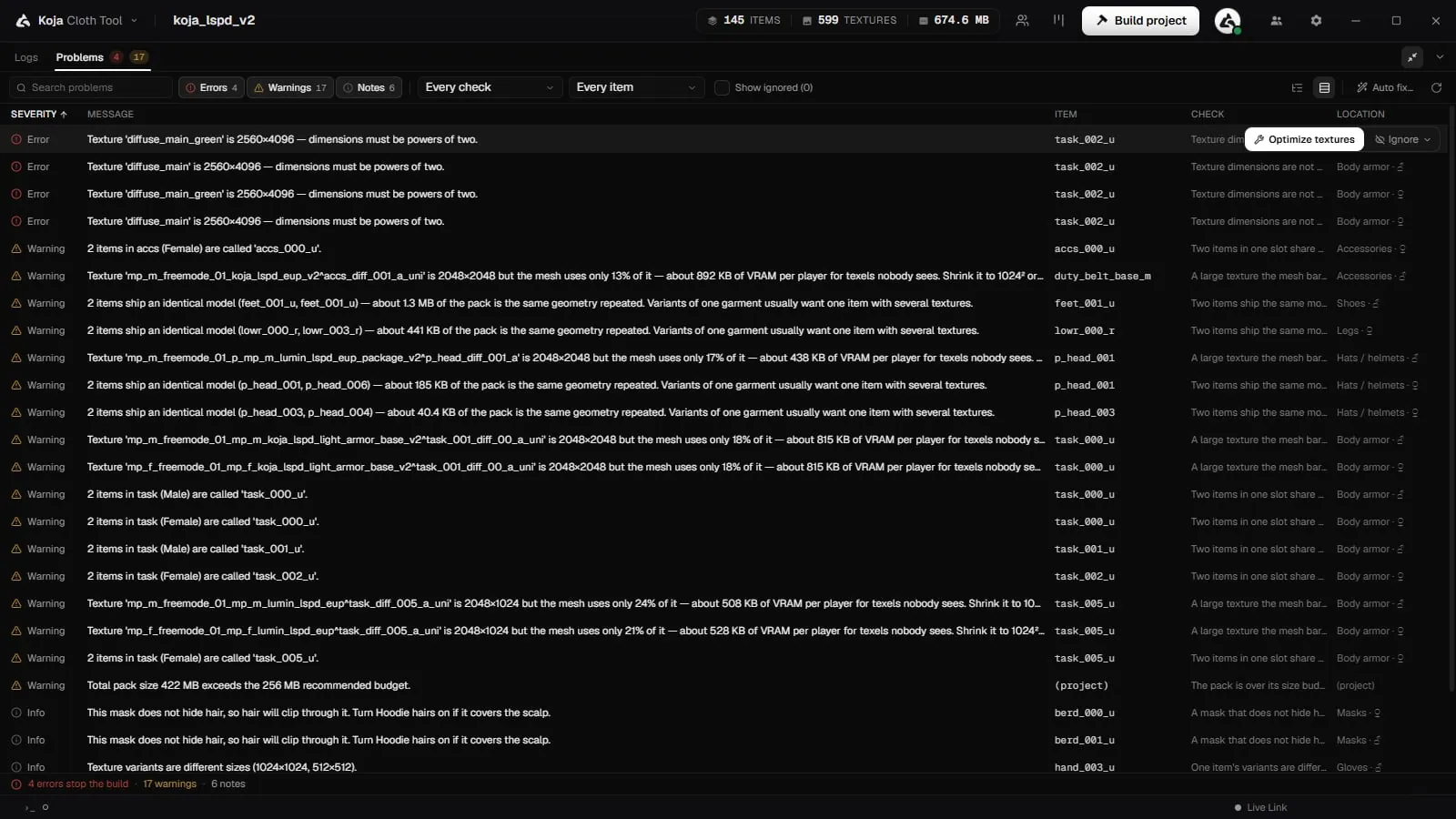 The Problems tab as a table with severity, message, item, check and location for each finding