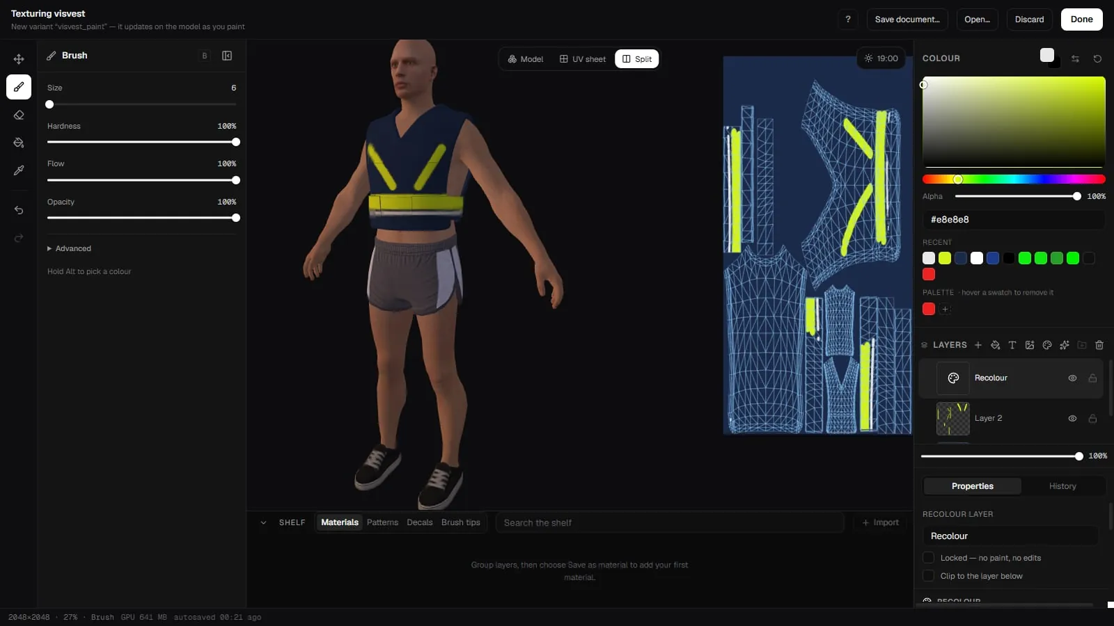The Texture Creator with a Recolour layer at the top of the layer stack and its settings in the Properties panel