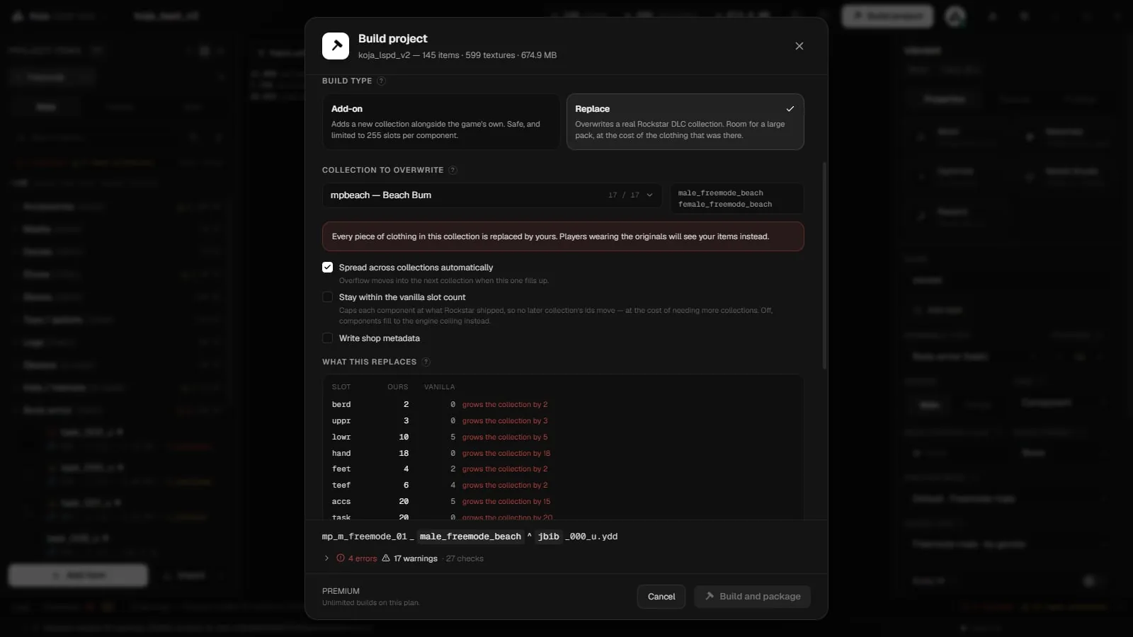The Build project window with Replace selected, the collection to overwrite and the list of what it replaces per slot