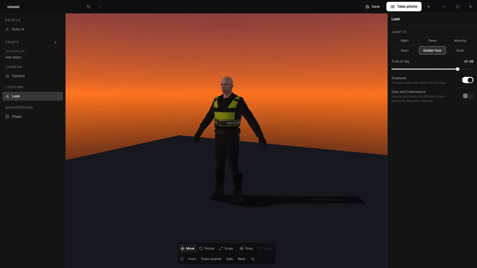 The Scene Creator with a dressed ped on a stage at golden hour, the scene list on the left and the Look panel on the right