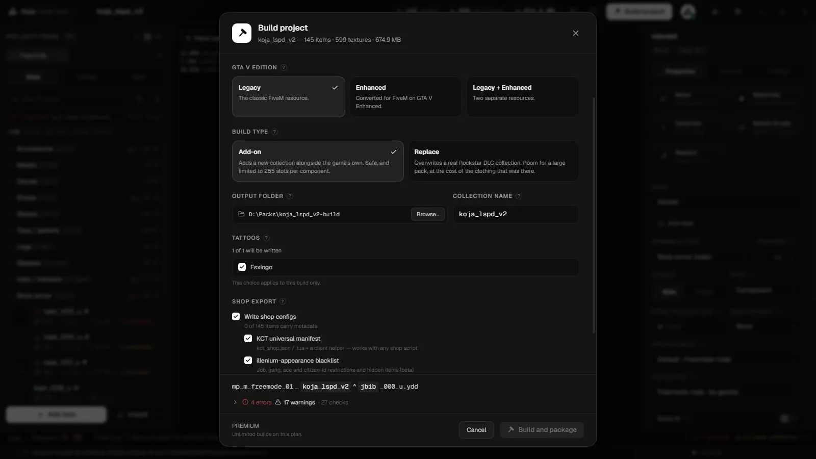 The Build project window's Shop export section with Write shop configs, KCT universal manifest and illenium-appearance blacklist