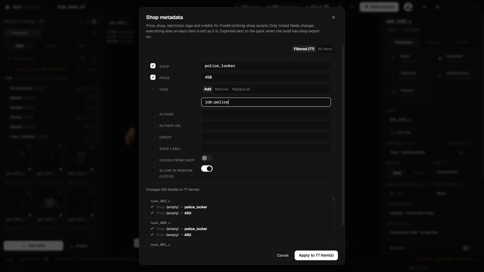The Shop metadata window with Shop, Price and Tags ticked and a preview of the changes per item