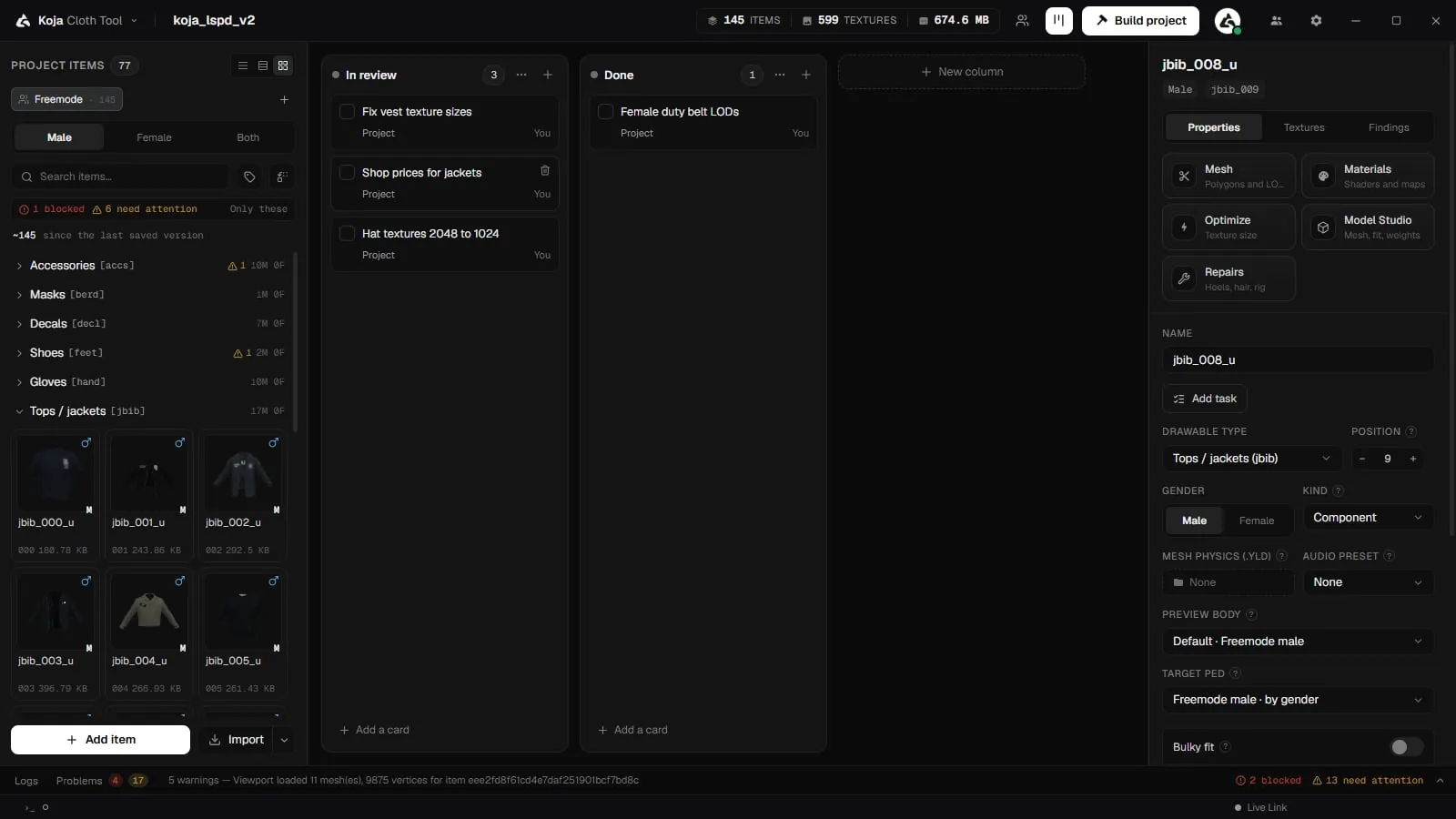 The task board with In review and Done columns and task cards, beside the item list and the item editor