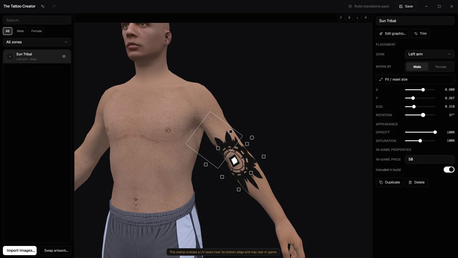 The Tattoo Creator with a tattoo placed on the ped's forearm, its gizmo, and the zone, position, size and rotation settings