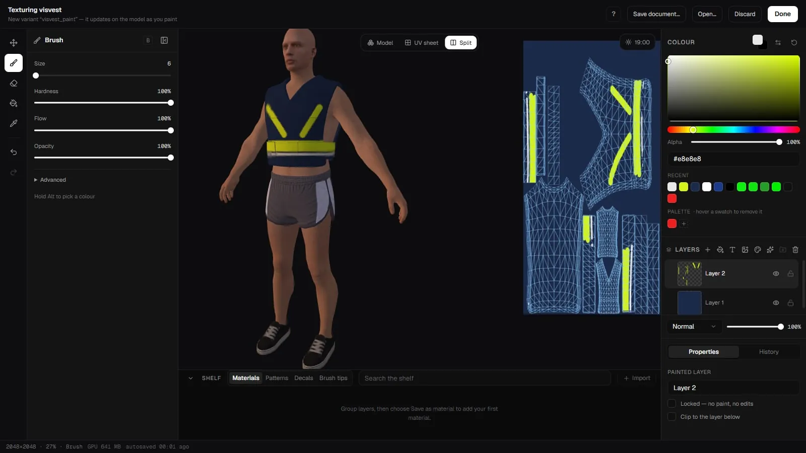 The Texture Creator in split view with the garment on the ped on the left, its UV sheet on the right, and the brush, colour and layer panels