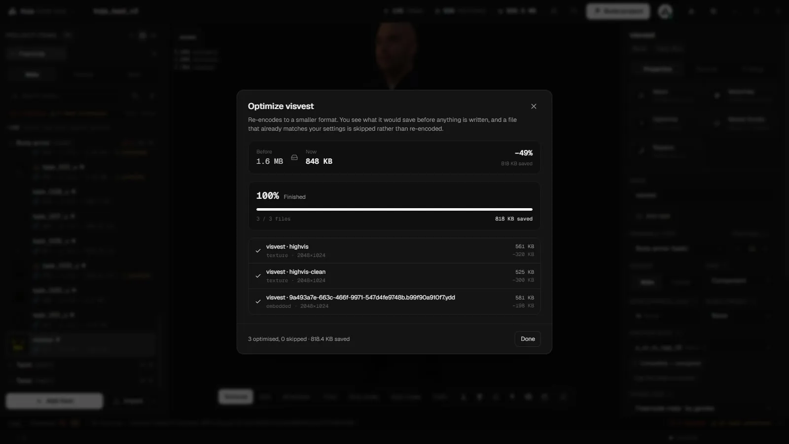 The Optimize window after a run, showing the size before and after and each texture with its saving