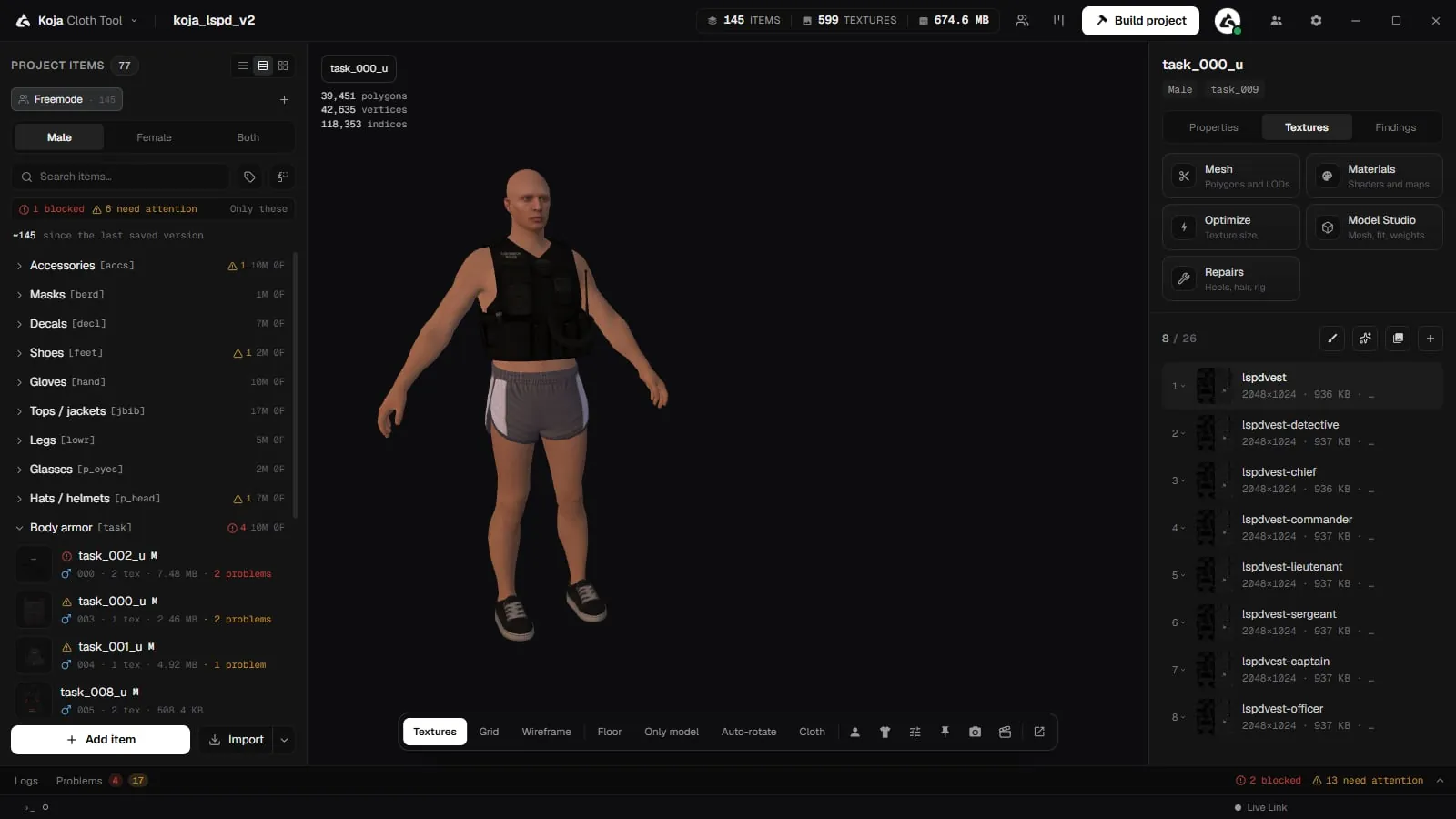 The item editor's Textures tab listing an item's texture variants with their names, sizes and file sizes