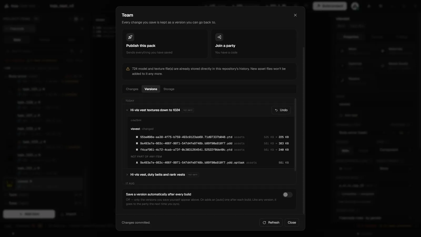 The Team window on the Versions tab, listing saved versions with their changed files and an Undo button